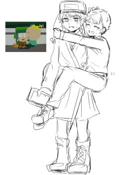 2boys awkward butters_stotch cosplay hat highres imminent_penetration kyle_broflovski male_focus moaning multiple_boys riding role_playing roleplay shota south_park