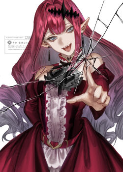 1girl absurdres baobhan_sith_(fate) baobhan_sith_(first_ascension)_(fate) breasts commentary_request crack cracked_glass detached_sleeves dress earrings fangs fate/grand_order fate_(series) frilled_dress frills grey_eyes hand_up highres jewelry long_hair looking_at_viewer open_mouth oriparusa555 pink_hair pointing pointing_at_viewer red_dress sidelocks smile solo white_background