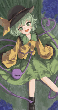 1girl blue_flower blue_rose bright_pupils flower green_eyes green_hair green_skirt hat highres koishi_day komeiji_koishi lab2linch long_sleeves looking_at_viewer medium_hair open_mouth puffy_sleeves rose shirt sitting skirt smile solo teeth third_eye touhou tree under_tree white_pupils yellow_shirt