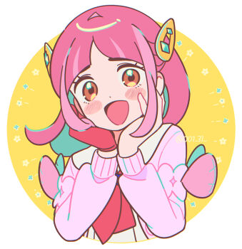 1girl :d blush brown_eyes cardigan chueog gloves hair_ornament hairclip hands_on_own_face lacey_(pokemon) long_sleeves looking_at_viewer medium_hair nintendo open_cardigan open_clothes open_mouth pink_cardigan pink_hair pokemon pokemon_sv red_gloves revision single_glove smile solo upper_body