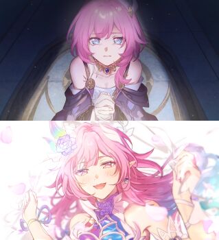 2girls absurdres aqua_hair bare_shoulders blue_eyes breasts coat commentary_request cyrene_(aedes_elysiae)_(honkai:_star_rail) cyrene_(honkai:_star_rail) cyrene_(ripples_of_past_reverie)_(honkai:_star_rail) diamond-shaped_pupils diamond_(shape) dress earrings flower hair_flower hair_ornament highres honkai:_star_rail honkai_(series) jewelry long_hair looking_at_viewer multicolored_hair multiple_girls necklace open_mouth own_hands_together pink_hair purple_coat purple_eyes simple_background small_breasts smile symbol-shaped_pupils upper_body very_long_hair white_background white_dress white_hair zassyoku_dd