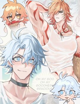 Rule 34 | 2boys, alternate costume, antenna hair, apple, arm tattoo, basket, black choker, blonde hair, blue eyes, blush, braid, chest tattoo, choker, commentary, crew neck, facial tattoo, food, fruit, gradient hair, highres, holding, holding basket, honkai: star rail, honkai (series), male focus, medium hair, multicolored hair, multiple boys, mydei (honkai: star rail), neck tattoo, pao fu226, parted bangs, phainon (honkai: star rail), red hair, red tattoo, shirt, short hair, side braid, sun symbol, sun tattoo, tan, tank top, tattoo, white hair, white shirt, white tank top, yaoi, yellow eyes