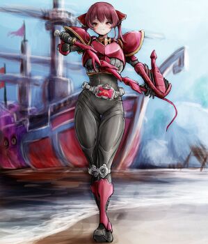 1girl advent_deck armor black_bodysuit blurry blurry_background bodysuit commission full_body heterochromia highres holding holding_whip hololive houshou_marine kamen_rider kamen_rider_ryuki_(series) long_hair nymph_rhythm red_armor red_eyes red_hair ship skeb_commission solo standing twintails v_buckle virtual_youtuber watercraft yellow_eyes