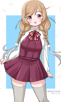 1girl bow bowtie braid cloud_hair_ornament commentary_request cosplay cowboy_shot dress dress_shirt gradient_hair grey_thighhighs halterneck kantai_collection light_brown_hair long_hair looking_at_viewer masara_(chuujou) minegumo_(kancolle) multicolored_hair one-hour_drawing_challenge plaid_bow plaid_bowtie plaid_clothes pleated_dress purple_dress red_bow red_bowtie red_eyes school_uniform shirt smile solo thighhighs twin_braids white_shirt yuugumo_(kancolle) yuugumo_(kancolle)_(cosplay)