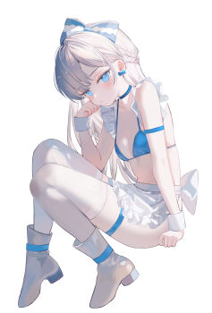 1girl absurdres apron bikini blue_bikini blue_choker blue_eyes blush bow braid breasts choker closed_mouth earrings frills from_side full_body hair_bow hand_up highres jewelry long_hair looking_at_viewer moemoepiano original shoes simple_background small_breasts solo string_bikini swimsuit thigh_strap thighhighs thighs waist_apron white_background white_hair white_shoes white_thighhighs wrist_cuffs
