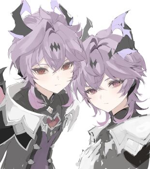 Rule 34 | 2boys, ahoge, black shirt, closed mouth, crossed bangs, crystal hair ornament, dragon boy, dragon horns, dragon wings, dual persona, durin (genshin impact), empty eyes, gem, genshin impact, gloves, grey jacket, hair between eyes, hair ornament, hand on own chest, hand up, heart-shaped gem, heekimoni, highres, horns, jacket, jewelry, lapels, long sleeves, looking at viewer, male focus, mandarin collar, multiple boys, open clothes, open jacket, pendant, pink eyes, pink gem, purple hair, purple vest, red eyes, red gemstone, shirt, short hair, sidelocks, simple background, smile, star-shaped pupils, star (symbol), symbol-shaped pupils, upper body, vest, wavy hair, white background, white gloves, wings, yellow pupils