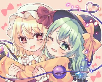 Rule 34 | 2girls, :d, ;d, black hat, blonde hair, blush, bow, check commentary, cheek-to-cheek, collared shirt, commentary request, crystal, eyebrows hidden by hair, fang, flandre scarlet, frilled sleeves, frills, green eyes, green hair, hair between eyes, hat, hat bow, hayu (hayu e), heads together, heart, heart of string, highres, hug, komeiji koishi, long hair, long sleeves, looking at viewer, multiple girls, nail polish, one eye closed, open mouth, petals, puffy sleeves, red bow, red eyes, shirt, short hair, siblings, simple background, sisters, smile, third eye, touhou, upper body, white shirt, wide sleeves, yellow bow, yellow shirt