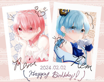 2girls absurdres bare_shoulders blue_eyes blue_hair blush character_name closed_mouth crown dated detached_collar dress earrings gloves hair_over_one_eye happy_birthday highres jewelry looking_at_viewer mini_crown multiple_girls pink_dress pink_eyes pink_hair rain_re_a ram_(re:zero) re:zero_kara_hajimeru_isekai_seikatsu rem_(re:zero) short_hair siblings sisters smile twins upper_body white_gloves