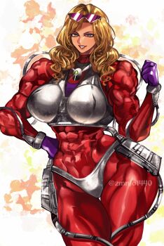 1girl abs absurdres armor biceps bikini blonde_hair bodysuit boobplate breastplate breasts cable clenched_hand commentary_request covered_abs eyewear_on_head f-zero flexing gloves green_eyes hand_on_own_hip highres large_breasts long_hair looking_at_viewer mrs._arrow muscular muscular_female nintendo obliques purple_gloves red_bodysuit science_fiction smile solo sunglasses swimsuit thick_thighs thigh_gap thighs tube twitter_username wide_hips zuman_(zmnjo1440)