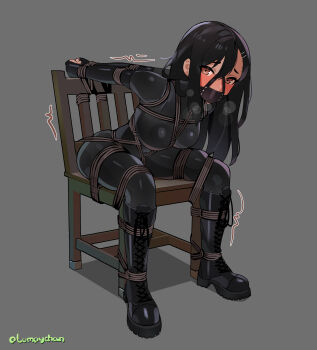 Rule 34 | 1girl, absurdres, arms behind back, bdsm, black bodysuit, black boots, black hair, blush, bodysuit, bondage, boots, bound, bound arms, bound legs, breast bondage, breasts, brown eyes, chair, crotch rope, elbow gloves, fingerless gloves, gag, gag harness, gagged, gloves, grey background, highres, ijiranaide nagatoro-san, lace-up boots, long hair, looking at viewer, lumpychan, medium breasts, nagatoro hayase, on chair, panel gag, restrained, shibari, shibari over clothes, sitting, skindentation, solo, very long hair