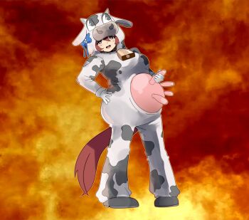 1girl absurdres animal_costume animal_print archives.gokulism bell blue_bow blue_eyes blush bow breasts brown_hair cow_costume cow_horns cow_print cowbell fake_horns fake_udder formal_clothes god_of_war hair_between_eyes hair_bow highres horns horse_tail large_breasts neck_bell open_mouth self_milking smile suit super_creek_(umamusume) tail umamusume white_suit