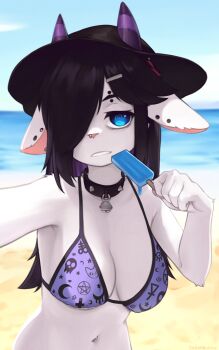 1girl @_@ animal_ears beach bell bikini black_hair blue_eyes blue_sky breasts closed_mouth collar colored_inner_hair day ear_piercing eyewear_on_head face_piercing food furry furry_female goat_girl hair_over_one_eye highres horns horns_through_headwear jingle_bell large_breasts long_hair looking_at_viewer multicolored_hair navel neck_bell nose_piercing one_eye_covered original outdoors piercing popsicle purple-tinted_eyewear purple_bikini sky spiked_collar spikes striped_horns sunglasses swimsuit tinted_eyewear yoako