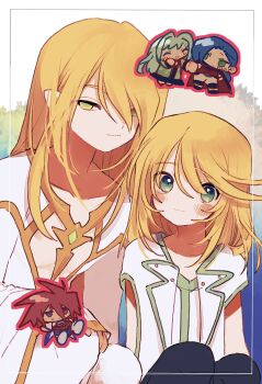 Rule 34 | 2boys, absurdres, blonde hair, blue eyes, blush, bodysuit, chest jewel, chibi, chibi inset, cleavage cutout, closed mouth, clothing cutout, commentary, eyes visible through hair, green hair, hair between eyes, hair over one eye, highres, jacket, kratos aurion, long hair, long sleeves, looking at another, male focus, martel (tales), mithos yggdrasill, multiple boys, nancykittyu, pants, pointy ears, smile, symbol-only commentary, tales of (series), tales of symphonia, white bodysuit, yuan (tales)