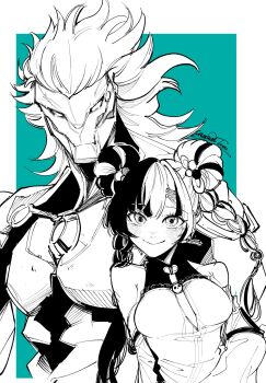 03_kyv 1boy 1girl artist_name banyue_(zenless_zone_zero) bare_shoulders black_hair blush border braid braided_twintails breasts closed_mouth collarbone detached_sleeves dialyn_(zenless_zone_zero) green_background greyscale_with_colored_background hair_extensions hair_ornament hairclip highres humanoid_robot long_hair looking_at_viewer medium_breasts monochrome multicolored_hair necktie ring_hair_extensions robot robot_boy smile split-color_hair white_border white_hair zenless_zone_zero