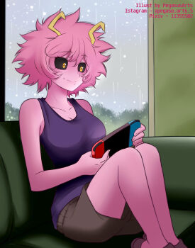 1girl artist_name ashido_mina black_sclera boku_no_hero_academia bones_(company) colored_sclera colored_skin controller couch curly_hair game_console game_controller highres horns legs nintendo nintendo_switch nintendo_switch_2 pegasus_arts pink_fur pink_skin playing playing_games rain shirt short_hair shorts shounen_jump sitting sleevleess_shirt slippers smile yellow_eyes