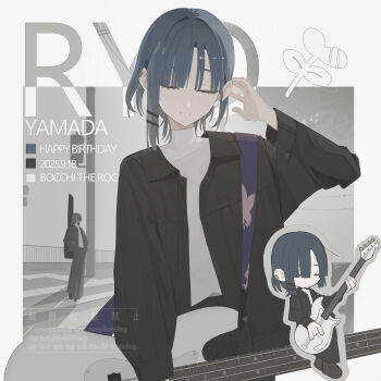 1girl absurdres asymmetrical_bangs asymmetrical_sidelocks ayato_ri_yagi bass_guitar birthday black_jacket black_skirt blue_hair bocchi_the_rock! character_name chibi chibi_inset closed_eyes copyright_name crosswalk dated earrings guitar hair_ornament hairclip highres holding holding_guitar holding_instrument instrument jacket jewelry light_smile long_skirt long_sleeves multiple_views shirt short_hair sidelocks simple_background skirt tucking_hair watermark white_shirt yamada_ryo