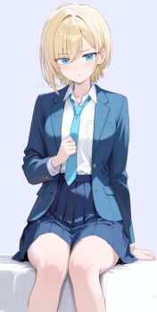 Rule 34 | 1girl, arm support, bed, bed sheet, blonde hair, blue eyes, blue jacket, blue necktie, blue skirt, breast pocket, breasts, closed mouth, collared shirt, commentary request, commission, flying sweatdrops, grey background, hair between eyes, highres, jacket, long sleeves, looking at viewer, medium breasts, necktie, on bed, original, pixiv commission, pleated skirt, pocket, ryouta (ryouta335), shirt, shirt tucked in, short hair, simple background, sitting, skirt, solo, suit jacket, sweatdrop, thighs, white shirt, wing collar