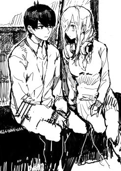 1boy 1girl absurdres antenna_hair bad_id bad_pixiv_id breasts commentary go-toubun_no_hanayome greyscale hair_over_one_eye headphones headphones_around_neck highres kabuno_(camphora) long_hair long_sleeves looking_at_another medium_breasts monochrome nakano_miku shirt short_hair sitting sketch skirt solo sweater uesugi_fuutarou