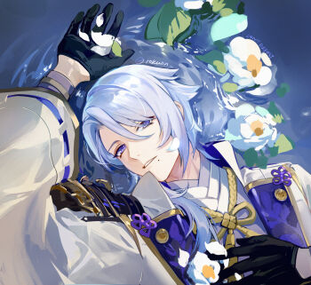 1boy agemaki_knot arm_above_head arm_up armor asymmetrical_armor asymmetrical_hair black_armor black_gloves blue_hair chinese_commentary chinese_knot coat colored_lapels commentary_request flower genshin_impact gloves gold_trim hair_between_eyes hair_over_shoulder half_gloves hand_on_own_chest highres japanese_armor kamisato_ayato lapels long_sleeves looking_at_viewer lying lying_on_water male_focus medium_hair mole mole_under_mouth on_back open_clothes open_coat parted_bangs parted_lips petal_on_face petals popped_collar purple_eyes purple_shirt ribbon-trimmed_sleeves ribbon_trim rokuon shirt shoulder_armor single_sode sode solo twitter_username upper_body water white_coat white_flower wide_sleeves
