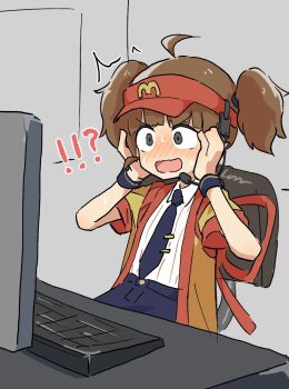 !? 1girl black_eyes blush brown_hair chair check_commentary collared_shirt commentary commentary_request computer_keyboard egosearching hands_on_own_cheeks hands_on_own_face happi hat headset imadake_dabuchi_tabemi japanese_clothes mcdonald&#039;s monitor necktie open_mouth red_hat sagami_sagari shirt shorts sitting solo sweat twintails visor_cap yellow_happi