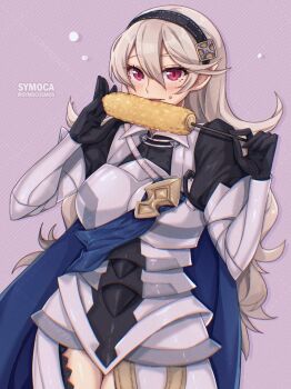 1girl armor armored_leotard black_gloves black_hairband blue_cape blush breasts cape corn corn_cob eating female_corrin_(fire_emblem) fire_emblem fire_emblem_fates food gloves grey_hair hair_between_eyes hairband holding holding_food leotard long_hair looking_at_viewer nintendo open_mouth pointy_ears red_eyes simple_background solo symoca thighs