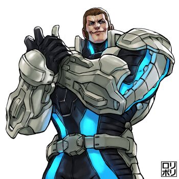 1boy android belt blue_eyes brown_hair gloves glowing highres holding_own_wrist jamrolypoly looking_at_viewer male_focus maxima short_hair sideburns simple_background smile solo the_king_of_fighters the_king_of_fighters_xv white_background