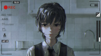 Rule 34 | 1girl, battery indicator, black eyes, black hair, black necktie, closed mouth, collared shirt, cooking pot, dino (dinoartforame), eri (sayonara eri), expressionless, highres, indoors, looking at viewer, necktie, portrait, recording, sayonara eri, shirt, short hair, sink, solo, upper body, white shirt