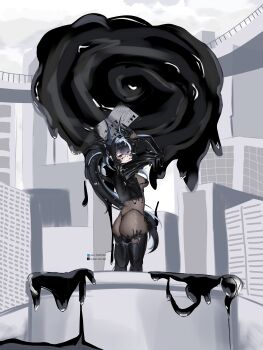 Rule 34 | 1girl, absurdres, arms up, ass, bahamut (nikke), bikini, black bikini, black boots, black gloves, black hair, black jacket, black liquid, bodystocking, book, boots, breasts, cityscape, commentary, cropped jacket, ear piercing, earclip, english commentary, from behind, glasses, gloves, goddess of victory: nikke, grey hair, hair between eyes, hair intakes, highres, holding, holding book, horns, in bathtub, jacket, latex bikini, liquid clothes, long hair, long sleeves, looking at viewer, medium breasts, mole, mole under mouth, multicolored hair, nstt 399, open clothes, open jacket, outdoors, piercing, pixiv id, ponytail, red eyes, see-through clothes, sidelocks, skin tight, skindentation, smile, solo, standing, swimsuit, thigh boots, tongue, tongue out, twitter username, two-tone hair, upside-down book, very long hair