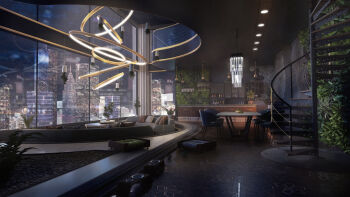 3d absurdres ball bar_stool blender_(medium) bottle bowl building cabinet ceiling ceiling_light chair city_lights cityscape coffee_table commentary couch counter english_commentary floor_lamp foxeleos hanging_light highres indoors lamp living_room lounge_chair night no_humans original pebble pillow plant potted_plant reflective_floor scenery skyscraper spiral_staircase stairs stool table tile_floor tiles window