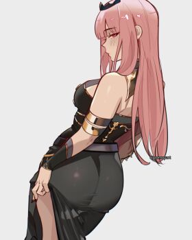 1girl armlet ass black_dress blunt_bangs bracer breasts commentary dress english_commentary from_behind highres hololive hololive_english jewelry large_breasts long_dress long_hair looking_at_viewer looking_back mori_calliope mori_calliope_(1st_costume) pink_eyes pink_hair pomuya side_slit sidelocks simple_background sleeveless sleeveless_dress solo standing straight_hair virtual_youtuber white_background