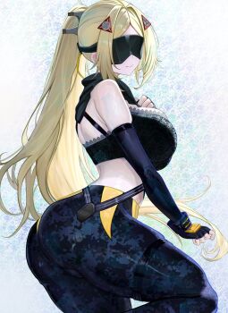1girl ass back bare_shoulders black_bra black_gloves black_pants black_sleeves blindfold_mask blonde_hair bra breasts camouflage camouflage_pants closed_mouth commentary covered_eyes english_commentary fingerless_gloves from_side gloves gurei_(streaper42846) hair_ornament hand_on_own_chest highres lace lace_bra large_breasts long_hair mask pants patterned_background ponytail solo standing standing_on_one_leg thigh_strap tight_clothes tight_pants triangle_hair_ornament trigger_(zenless_zone_zero) underwear zenless_zone_zero