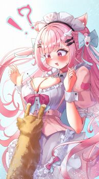!? 1girl absurdres animal_ears animal_print bandaid bandaid_hair_ornament black_choker blue_bow blush bow breasts button_gap cat cat_ears cat_girl cat_print choker cleavage cleavage_cutout clothing_cutout commentary crossed_bandaids dress fingernails fish_hair_ornament ghost_hair_ornament hair_bow hair_ornament hairclip heart heart_hair_ornament highres indie_virtual_youtuber large_breasts long_hair maid maid_headdress muchao_(yuuki_sakuna) nail_polish o-ring o-ring_choker open_mouth paw_print pink_dress pink_eyes pink_hair pink_nails ponzakuro0116 popped_button short_sleeves smile sweat symbol-only_commentary two_side_up virtual_youtuber white_wrist_cuffs wing_hair_ornament wrist_cuffs yellow_cat yuuki_sakuna yuuki_sakuna_(1st_costume)