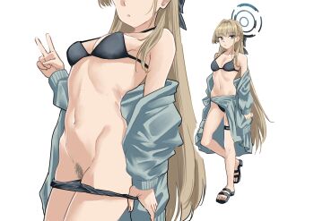 1girl bare_shoulders bikini bikini_pull blonde_hair blue_archive blue_bikini blue_eyes blue_halo blue_jacket breasts closed_mouth clothes_pull female_pubic_hair halo hand_up highres jacket long_hair looking_at_viewer medium_breasts multiple_views navel pubic_hair pulling_own_clothes simple_background standing stomach swimsuit toki_(blue_archive) v very_long_hair white_background yuki_wosora
