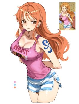 1girl anime_screenshot_inset armpit_crease arms_behind_back bare_shoulders blue_tattoo blush breasts brown_eyes cleavage closed_mouth clothes_writing collarbone commentary cowboy_shot cropped_legs derivative_work dolphin_shorts earrings highres jewelry kasumi_6 large_breasts long_hair looking_at_viewer nami_(one_piece) nami_(one_piece)_(punk_hazard) narrow_waist official_alternate_costume one_piece orange_hair pearl_earrings pink_tank_top reference_inset screenshot_inset screenshot_redraw shiny_skin shorts shoulder_tattoo simple_background single_sidelock smile solo striped_clothes striped_shorts stud_earrings tank_top tattoo wavy_hair white_background