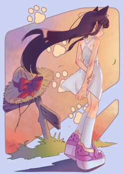 1girl animal_ears arms_behind_back bare_shoulders black_hair brown_eyes cat_ears commentary_request dress floating_hair from_behind full_body hat long_hair okuribi original platform_shoes shoes signpost solo sun tan tanline unworn_hat unworn_headwear white_dress wind