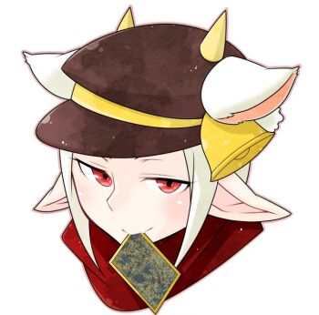 Rule 34 | 1girl, animal ears, brown hat, card, card in mouth, closed mouth, commentary request, cone horns, goat ears, goat girl, grey hair, hat, horns, horns through headwear, looking at viewer, mouth hold, newsboy cap, oekakipikki, pointy ears, portrait, ragnarok online, red eyes, red scarf, scarf, short hair, simple background, smile, solo, wanderer (ragnarok online), white background, white hair, yellow horns