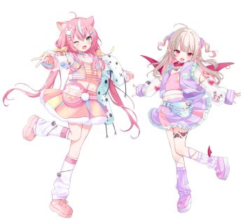 2girls :d ;d absurdres ahoge animal_ear_fluff animal_ears asymmetrical_legwear blonde_hair blue_choker blue_hair blush bow breasts cat_ears cat_girl choker cleavage collar commentary crop_top cropped_jacket cropped_shirt frilled_skirt frills full_body hair_bow hair_ornament hair_scrunchie highres jacket leg_up long_hair long_sleeves looking_at_viewer loose_socks low_twintails makaino_ririmu midriff mismatched_legwear moeko_(moeko0903) multicolored_hair multiple_girls navel nijisanji one_eye_closed open_clothes open_jacket open_mouth outstretched_arm pink_hair pink_jacket pink_shirt pink_shoes pink_skirt pointy_ears purple_jacket purple_scrunchie purple_skirt purple_socks rabbit_hair_ornament red_collar red_eyes red_wings scrunchie see-through_clothes see-through_sleeves shirt shoes simple_background skirt smile socks standing standing_on_one_leg streaked_hair striped_clothes striped_shirt thigh_strap twintails two-tone_hair two_side_up v virtual_youtuber white_background white_socks wings yang_nari yellow_bow