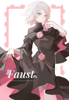 1girl black_dress black_shirt blue_eyes closed_mouth cowboy_shot dress faust_(project_moon) flower hand_up hashtag-only_commentary highres lcb_ssk limbus_company long_sleeves pink_dress pink_flower pink_rose project_moon rose shirt short_hair sidelocks simple_background solo two-sided_dress two-sided_fabric undershirt white_background white_hair wide_sleeves