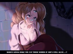 Rule 34 | 1girl, bandaid, bandaid on face, bandaid on nose, breasts, brown hair, chain, charlotte pudding, cleavage, commentary, dirty, dirty clothes, dirty face, english text, large breasts, lips, long hair, one piece, pants, prisoner, rita ya, shirt, short sleeves, sitting, smirk, solo, suspenders, teeth, third eye, twintails
