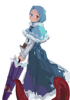 Rule 34 | 1girl, aqua hijab, blue eyes, blue skirt, eid mubarak, heterochromia, highres, hijab, himuhino, long skirt, purple umbrella, red eyes, skirt, smile, solo, tatara kogasa, tatara kogasa (umbrella), touhou, umbrella, white background