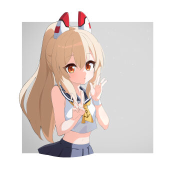 Rule 34 | 1girl, ame., anchor symbol, ayanami (azur lane), azur lane, bare arms, bare shoulders, black sailor collar, black skirt, blonde hair, brown eyes, commentary request, crop top, grey background, hair between eyes, hands up, highres, long hair, looking at viewer, midriff, navel, parted lips, pleated skirt, ponytail, sailor collar, school uniform, serafuku, shirt, skirt, solo, two-tone background, very long hair, white background, white shirt