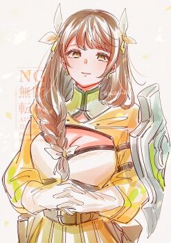 1girl black_corset blush braid braided_ponytail breasts brown_hair cleavage closed_mouth commentary_request corset dress fire_emblem fire_emblem_engage gloves goldmary_(fire_emblem) hair_ribbon highres large_breasts long_hair looking_at_viewer low_ponytail nintendo ponytail ribbon smile solo white_gloves white_ribbon yellow_dress yellow_eyes yutohiroya