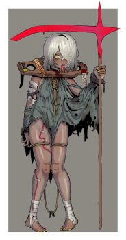 1girl absurdres bandages blood bloody_weapon blush breasts commentary cuffs dark-skinned_female dark_skin ebonyxh english_commentary eyes_visible_through_hair eylin_eyla_(ebonyxh) freckles full_body grey_background hair_over_one_eye handcuff_dangle handcuffs highres holding holding_scythe lock messy_hair ofuda open_mouth original piercing pillory pointy_breasts ringed_eyes rope_around_neck scar scar_on_neck scythe short_hair simple_background small_breasts solo standing stocks tongue tongue_out tongue_piercing weapon white_background white_hair yellow_eyes yellow_nails