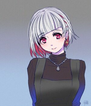 1girl arms_behind_back blue_background closed_mouth commentary diagonal_bangs earrings gradient_background grey_background grey_hair jewelry link!_like!_love_live! looking_at_viewer love_live! multicolored_hair necklace official_alternate_costume red_eyes red_hair shinanoya_(satanicad) signature simple_background smile solo split_mouth star_(symbol) star_earrings streaked_hair upper_body virtual_youtuber yugiri_tsuzuri yugiri_tsuzuri_(post-graduation)