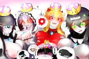 5girls ? abyssal_ship animal_hood between_breasts black_hair blonde_hair blue_eyes bonnet breast_envy breast_hold breast_lift breast_rest breasts breasts_on_head cat_hood chinese_text commentary denial enemy_aircraft_(kancolle) enemy_lifebuoy_(kancolle) gambier_bay_(kancolle) gem glowing glowing_eyes gothic_lolita green_eyes hi_ye hood hoodie horns i-class_destroyer isolated_island_princess kantai_collection lolita_fashion middle_finger multiple_girls orange_eyes personification pt_imp_group rage_guy_(4chan) red_eyes shaded_face super_crown traditional_chinese_text translated white_hair