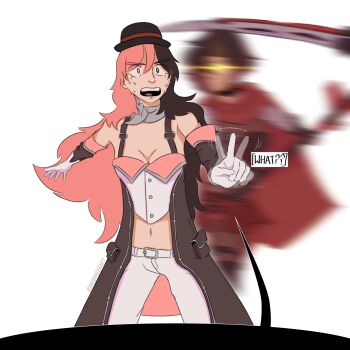 2girls artist_name black_hair breasts brown_hair cape cleavage glowing glowing_eye heterochromia highres imminent_death incoming_attack legs long_hair looking_at_viewer medium_breasts midriff multiple_girls navel neopolitan_(rwby) nervous_sweating pants pink_hair ruby_rose rwby short_hair skirt surprised sweat thighs weapon