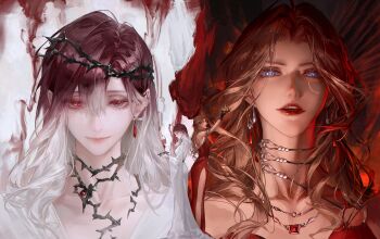 2girls absurdres augustus_(path_to_nowhere) bare_arms bare_shoulders blue_eyes brown_hair collarbone commentary crown crown_of_thorns curtained_hair detached_sleeves dress earrings forehead glowing glowing_eye gradient_hair hair_between_eyes heterochromia highres holding holding_crown jewelry long_dress looking_at_viewer multicolored_hair multiple_girls necklace o-ring official_alternate_costume parted_lips path_to_nowhere pearl_choker purple_eyes purple_hair red_dress red_eyes shalom_(path_to_nowhere) side_slit sleeptight smile split_theme strapless strapless_dress symbol-only_commentary symbol-shaped_pupils triangle-shaped_pupils wavy_hair white_dress white_hair