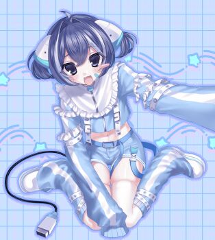 1boy 2000s_(style) absurdres android animal_ears cable cable_tail cat_ears chobits crossdressing crossdressing_(mtf) fang frutiger_aero highres humanoid_robot indie_virtual_youtuber mechanical_tail multicolored_hair non-web_source nyaonix persocom_(chobits) pome_8 robot robot_ears solo tail tenshi_kaiwai trap twintails two-tone_hair usb_cable utau virtual_youtuber