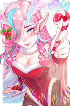 Rule 34 | 1girl, antennae, black pantyhose, blue eyes, blue hair, breasts, bridal gauntlets, candy, candy cane, cleavage, food, fur-trimmed leotard, fur trim, hair over one eye, highres, leotard, lips, long hair, looking at viewer, medium breasts, multicolored hair, original, pantyhose, pink hair, pointy ears, prywinko, red leotard, santa leotard, smile, solo, streaked hair