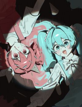 2girls blue_eyes blue_hair blue_skirt blue_suspenders body_horror bow bowtie collared_shirt double-parted_bangs drill_hair empty_eyes food-themed_hair hair_bow hair_sprinkles hatsune_miku highres ice_cream_cone ice_cream_cone_on_head jjeogi38 kasane_teto long_hair long_sleeves lying melting meruto_aisukuriimu_(vocaloid) multiple_girls on_floor overalls pale_skin puddle red_eyes red_hair red_overalls shirt short_hair skirt spotlight sprinkles suspender_skirt suspenders synthesizer_v twin_drills vocaloid white_bow white_bowtie white_shirt